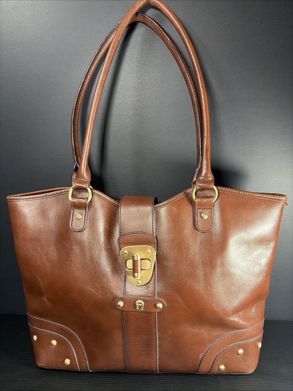 Vtg Etienne Aigner Large Leather Shoulder Tote Bag Brass Toggle Clasp